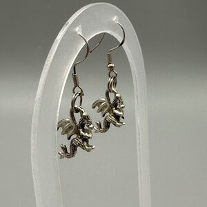 Silver Tone Dragon Dangle Earrings Goth LOTR Fantasy